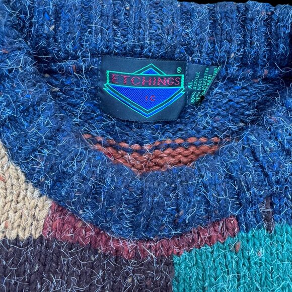 VTG Etchings Sweater Pullover Crew Neck Knit Wool Chunky Thick Retro Patchwork - Picture 2 of 8